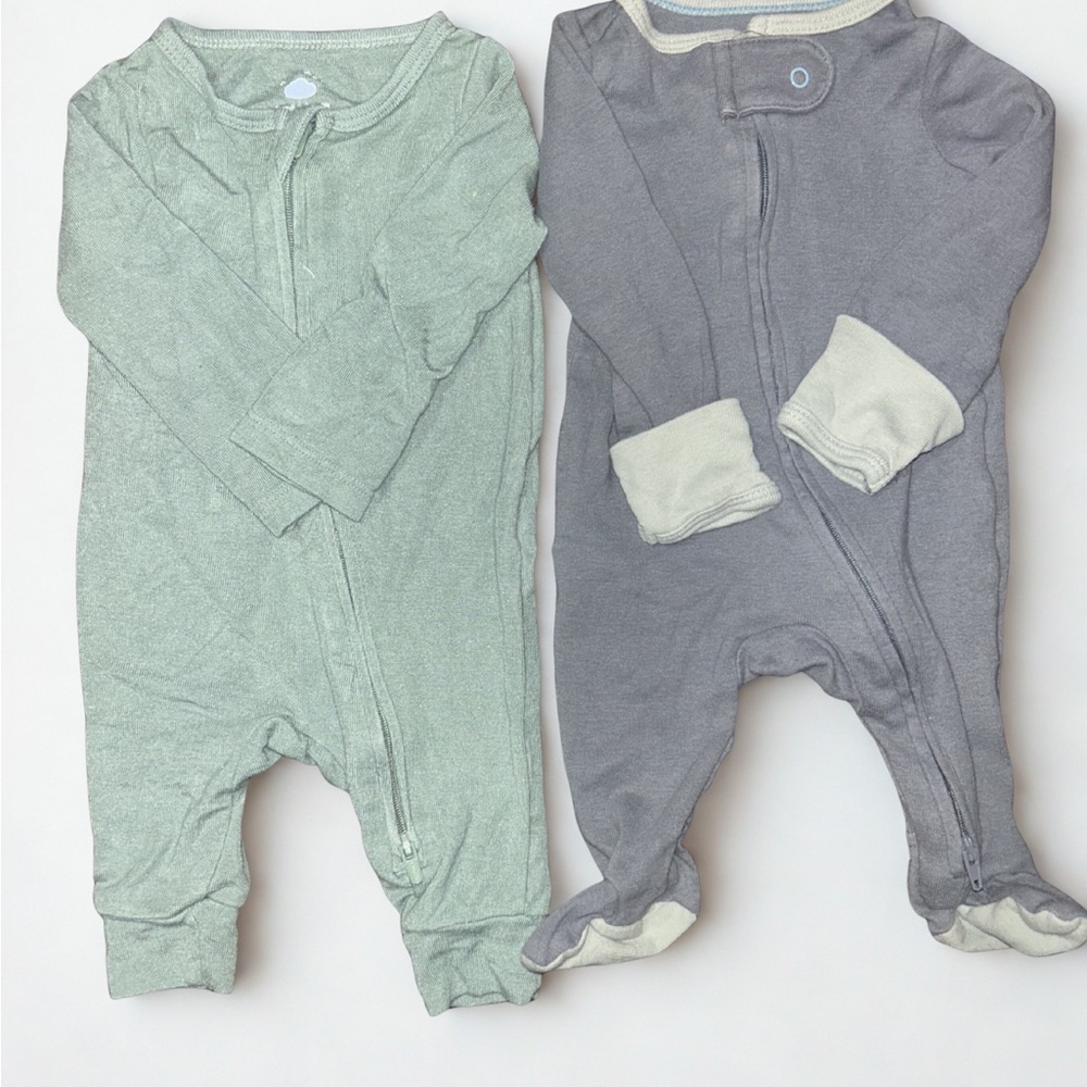 Newborn green and gray pajama sleeper set.